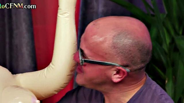 CFNM classy ladies wank man's cock in sex doll threesome