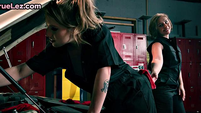 Stunning lesbian couple having fun in garage