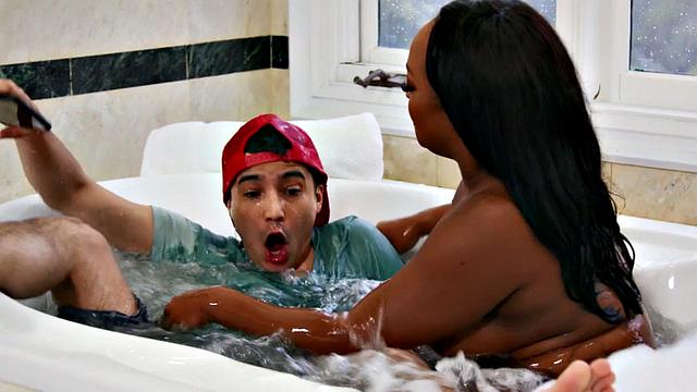 Busty black stepmom riding short bf in bathroom