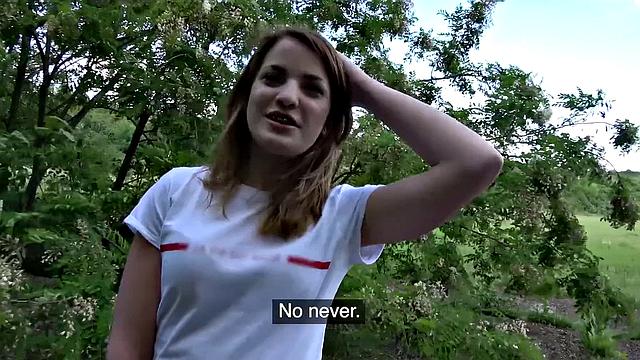 Athletic babe with natural tits seduces for a POV woods fuck with her tight pussy