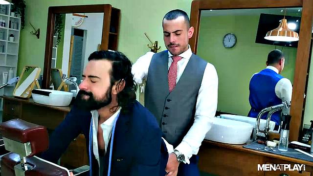 Two men hook up for sex in the barbershop chair