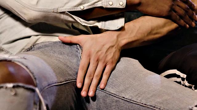 Black stud barebacks deepthroating hunk BF on the couch