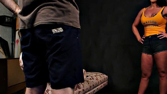 CFNM busty brunette MILF jerks and sucks for a cumshot on her tits