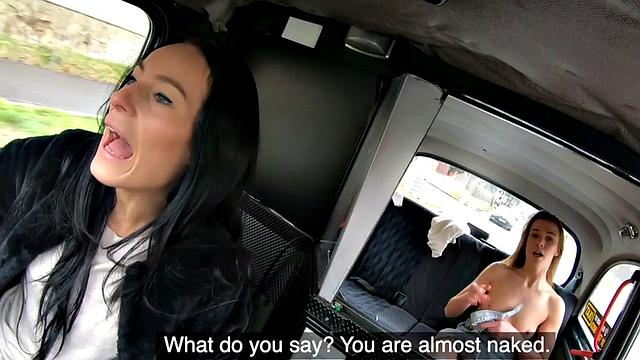 Taxi driving sappho has oral pleasure with brunette babe