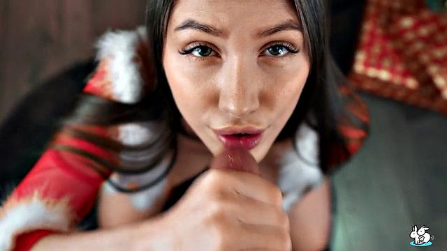 Hot Brunette Gives Her Man A Christmas Blowjob