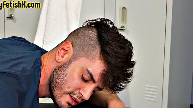 Locker room bottom fisted and fucked by jock at time