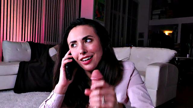 BJ babe oils cock in amateur POV while on phone