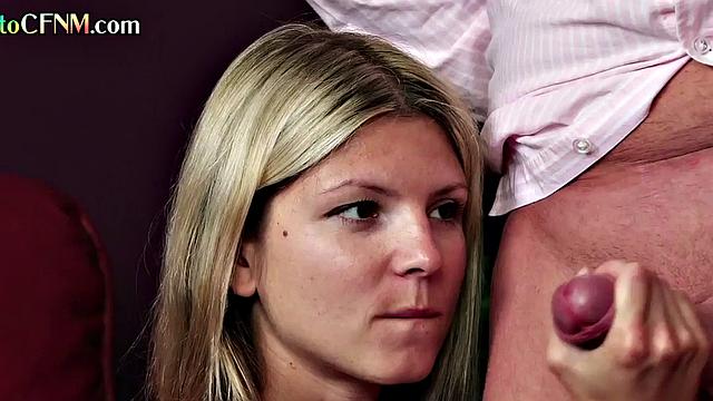 CFNM amateur petite 21yo chick learns from MILF in 3some