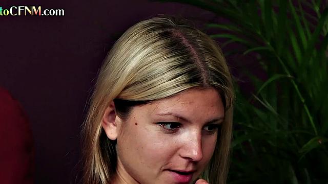 CFNM amateur petite 21yo chick learns from MILF in 3some