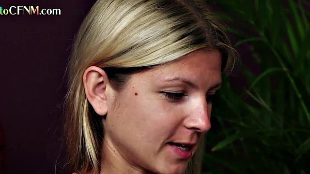 CFNM amateur petite 21yo chick learns from MILF in 3some