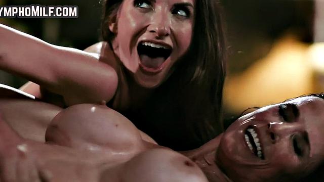 Nympho busty MILFS in FFM 3some while licking