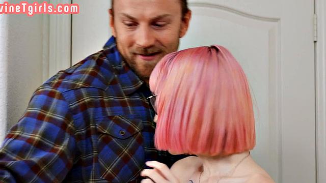 Pink hair ladyboy assbanged after deepthroating