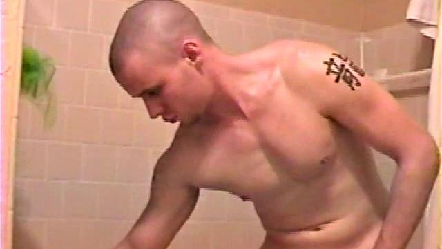 After a busy day Shawn is in the bathroom getting ready to shower and decides to play with himself through his pants. He strips and flexes for the camera, while stroking his hard cock, and soon Shawn blasts a warm cum load onto his chest.