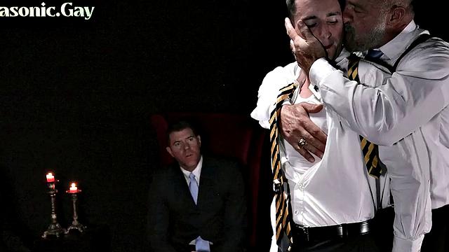 Suited voyeurs watch stud fucked in masonic anal pleasure