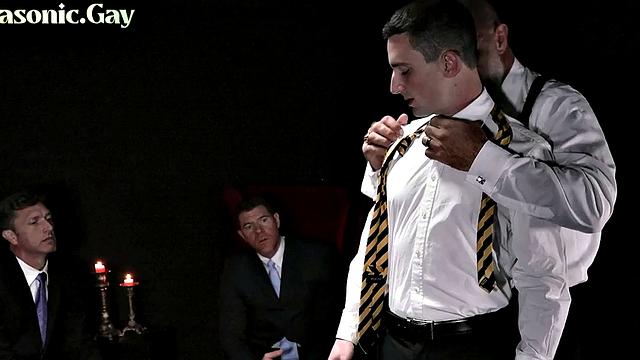 Suited voyeurs watch stud fucked in masonic anal pleasure
