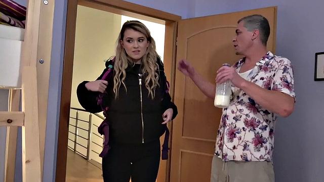 Blonde with curly hair devours banana in public like a pro