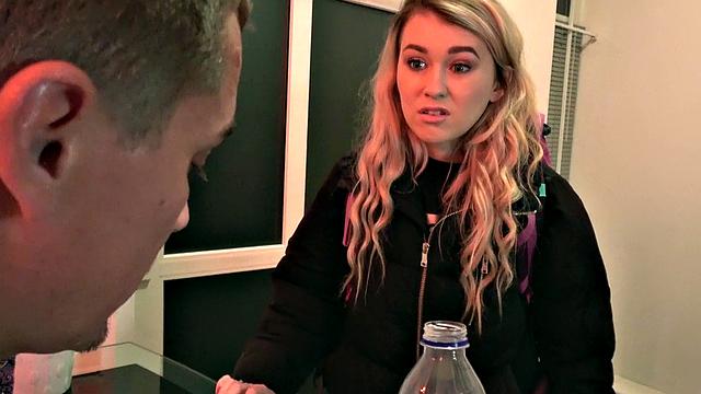 Blonde with curly hair devours banana in public like a pro