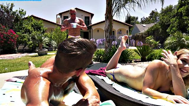 Pussyfucked oiled babe enjoys bisexual MMF 3way