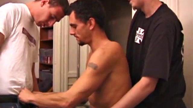 Tag, Mike Rimmer, Rod Filler and Silver are all relaxing after a busy day. Silver climbs on the massage table and the boys give him some physical attention.