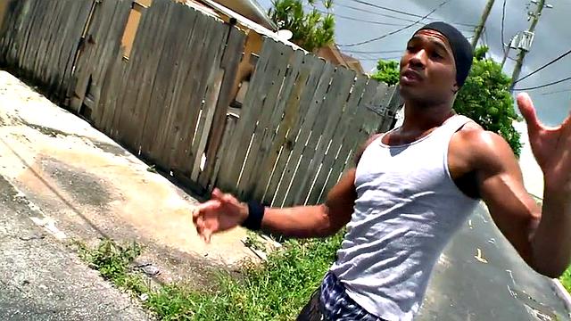 Black thug fucked outdoors by white jock for money