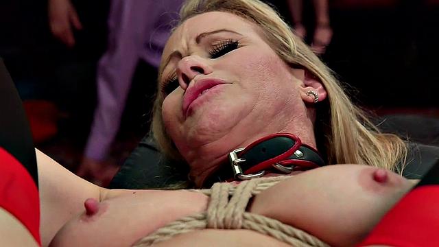 BDSM big ass MILF rimmed and toyed in group public sex