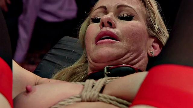 BDSM big ass MILF rimmed and toyed in group public sex