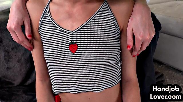 Two petite sluts tease big dick lover