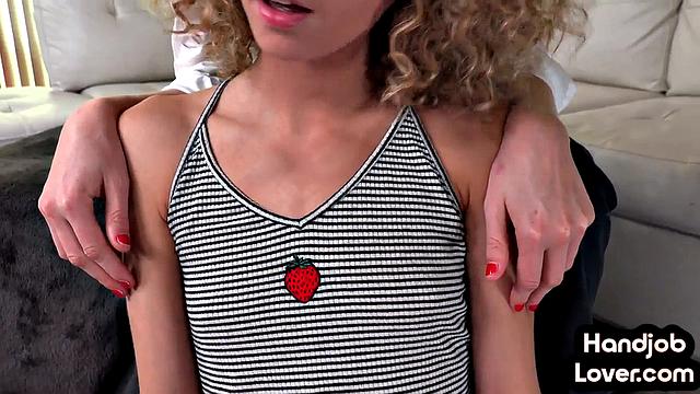 Two petite sluts tease big dick lover