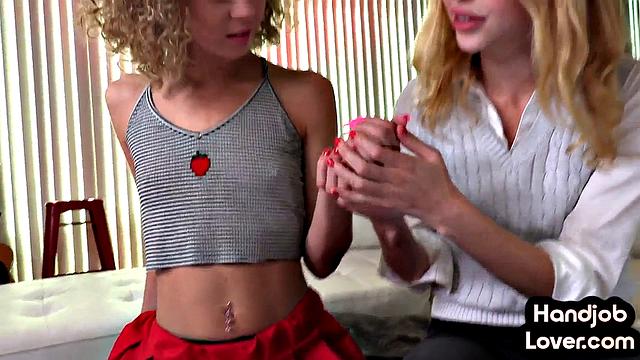 Two petite sluts tease big dick lover