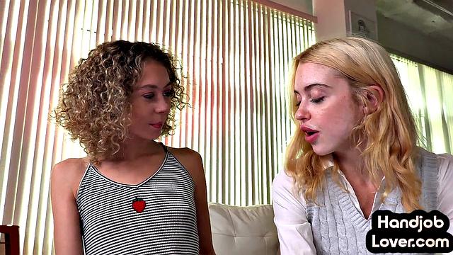 Two petite sluts tease big dick lover