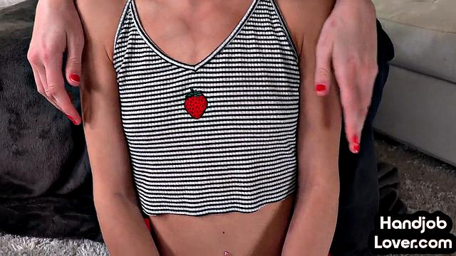 Two petite sluts tease big dick lover