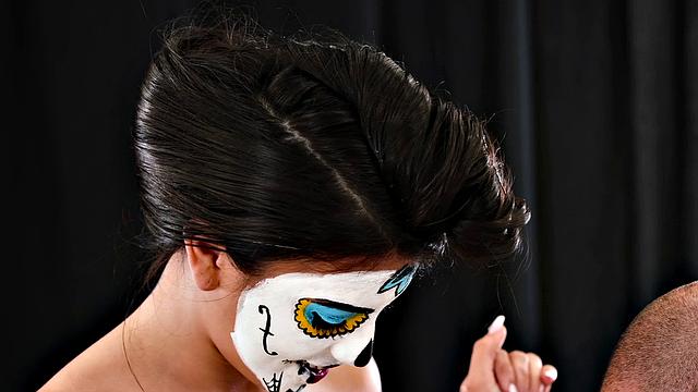 Brunette with painted nipples enjoys intense cowgirl and doggystyle action