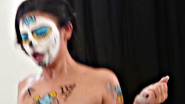 Brunette with painted nipples enjoys intense cowgirl and doggystyle action