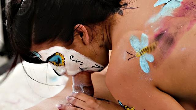 Brunette with painted nipples enjoys intense cowgirl and doggystyle action