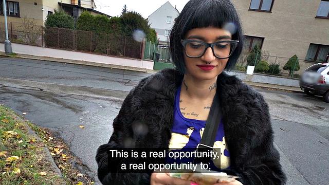 Nerdy babe doggystyled for cash