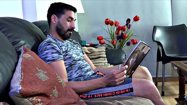 After joining daddy on the sofa, it isn't long before pants are down and Evan is taking a good hard ass slapping. Then admires tempting hole and then stands so the can suck his big dick.