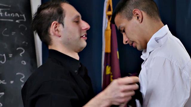 Pervert priest fucks student's tight asshole in classroom