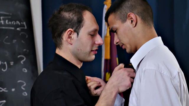 Pervert priest fucks student's tight asshole in classroom