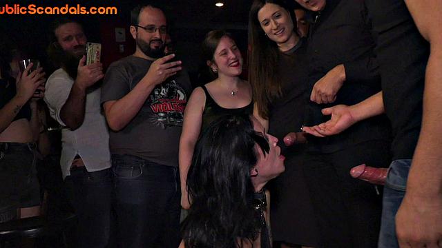 Public 3some slut throatfucked by guys in front of voyeurs