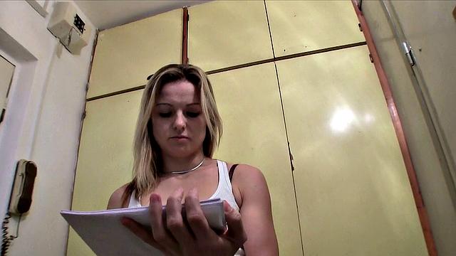 Blonde bombshell gets her mouth and throat stuffed by fake Electrician's big tool