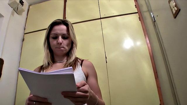 Blonde bombshell gets her mouth and throat stuffed by fake Electrician's big tool