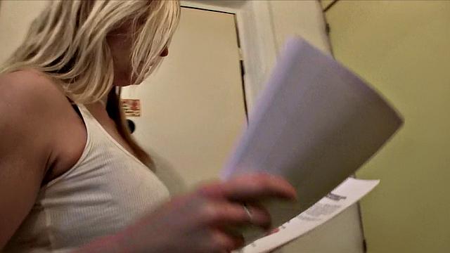 Blonde bombshell gets her mouth and throat stuffed by fake Electrician's big tool