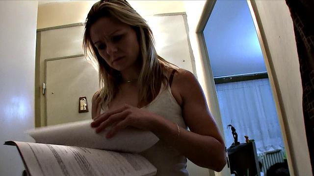 Blonde bombshell gets her mouth and throat stuffed by fake Electrician's big tool