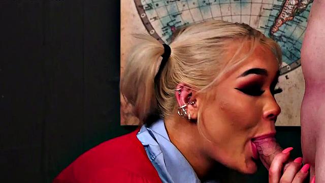 CFNM college gals suck professor's cock in classroom 3some