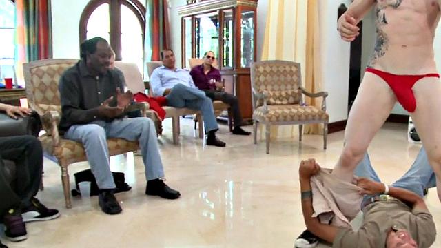 Ebony assfucked in stripper orgy while voyeurs watch