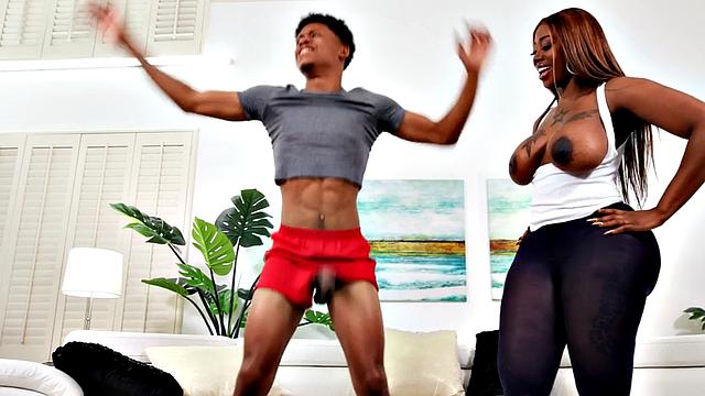 Short black fellow banging busty inked bae with biggest butt