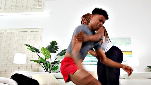 Short black fellow banging busty inked bae with biggest butt