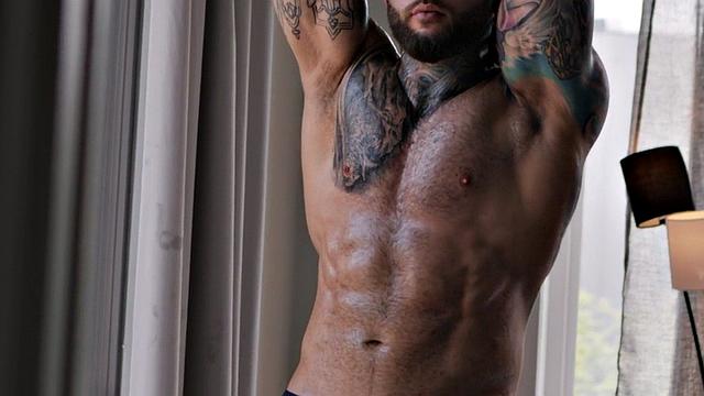 Inked muscled stud barebacks Latino lover in the bed