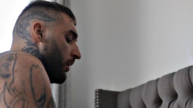 Inked muscled stud barebacks Latino lover in the bed