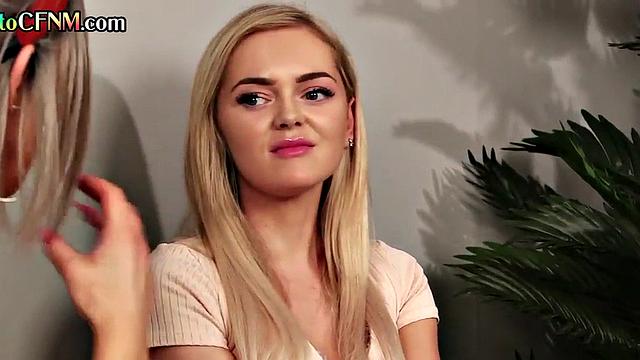 Deepthroating CFNM taking turns sucking lucky guy's cock